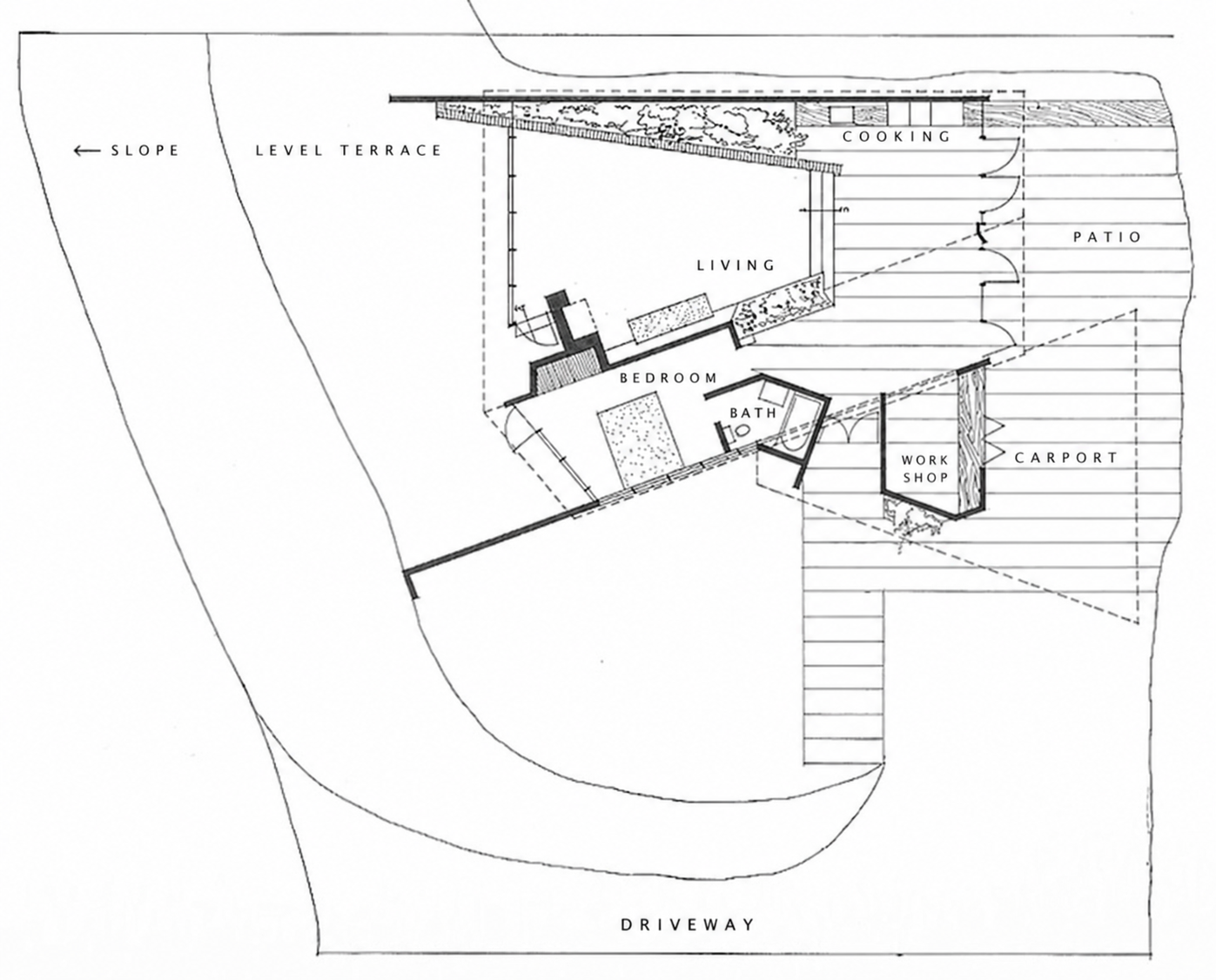 Original 1951 floor plan of the Bergren Residence, drawn by John Lautner